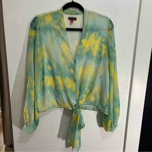 Vince Camuto Tops - Vince Camino Green Yellow Tie Dyed Tie Blouse XS